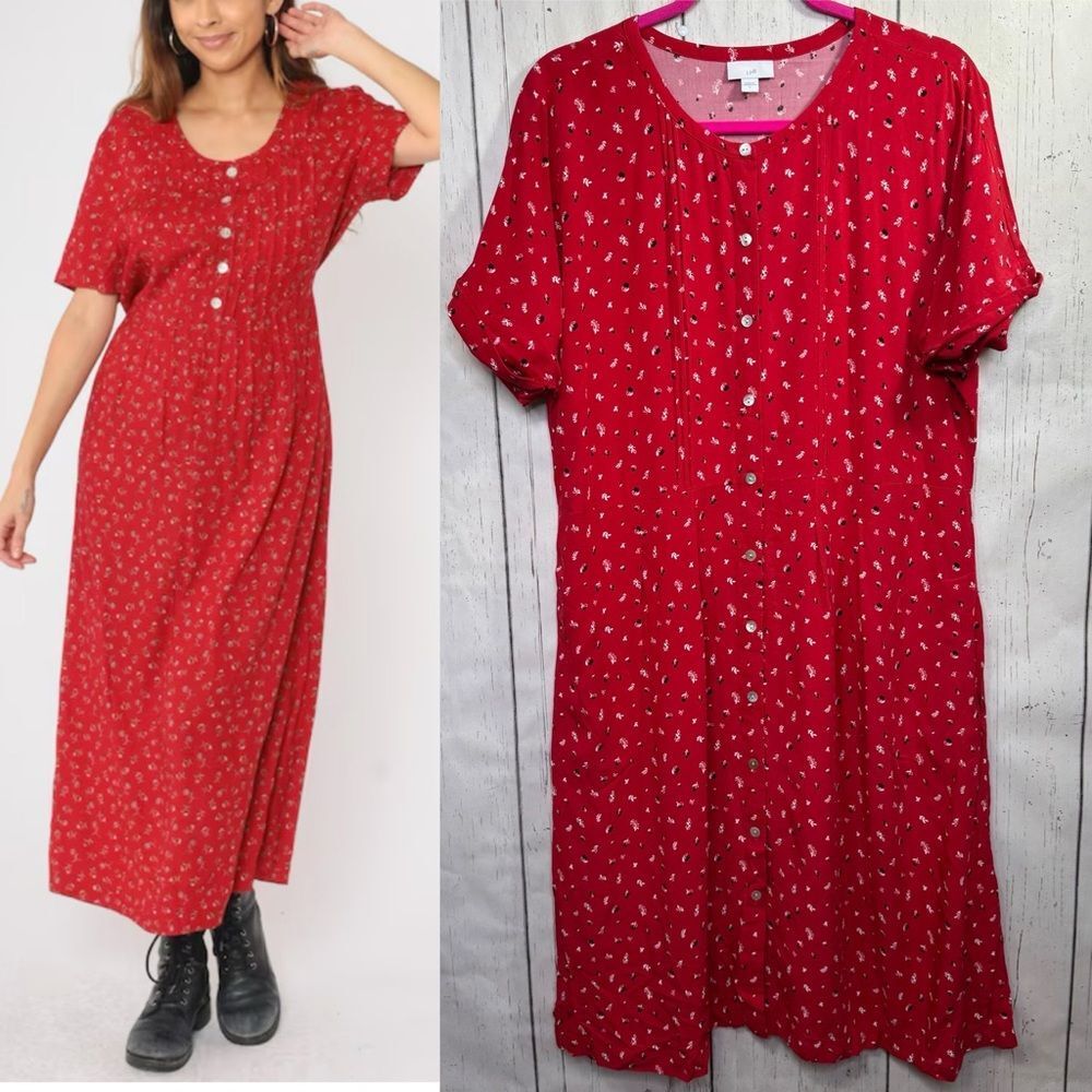 J.Jill Red Floral Button Front Midi Dress Feminine Rayon Boho Cottagecore